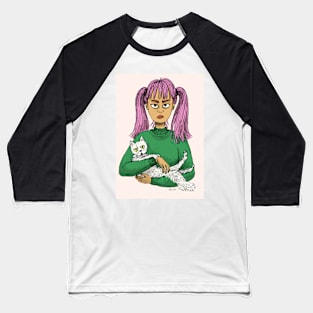 Pink Haired Girl with White Cat Baseball T-Shirt